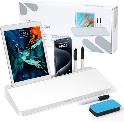 Desk Whiteboard with Storage,Desktop Glass Dry Erase White Board Organizers Supplies with Accessories for Office, Home, School Essentials (White)