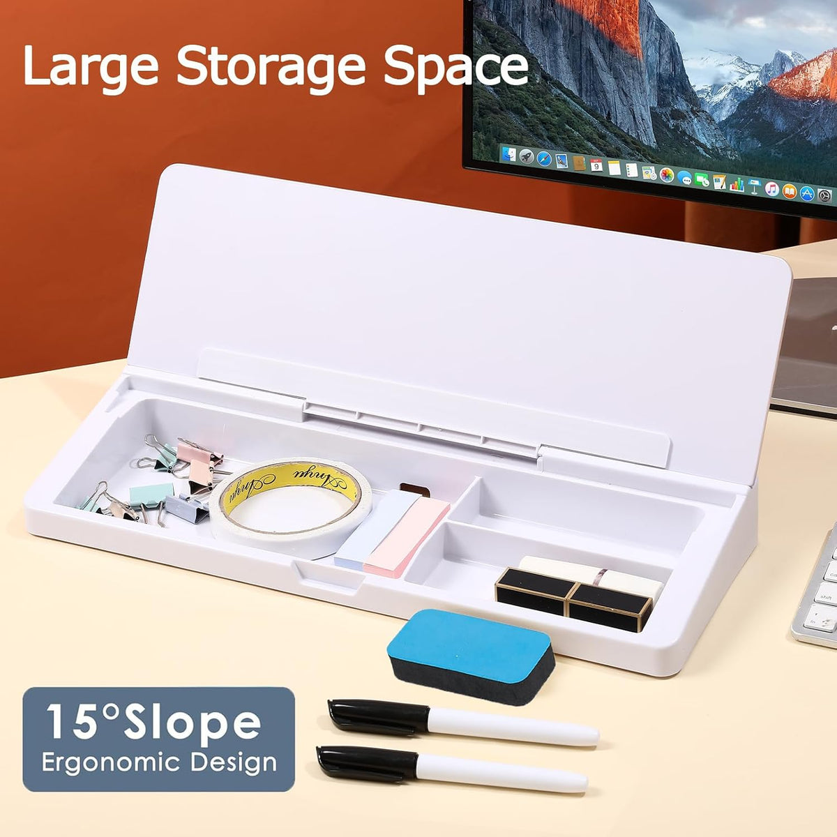 Desk Whiteboard with Storage,Desktop Glass Dry Erase White Board Organizers Supplies with Accessories for Office, Home, School Essentials (White)