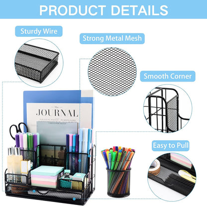 Desk Organizers Caddy and Accessories with 7 Compartments + Pen Holder / 72 Clips Set, Drawer, Black Mesh Office Supplies Desktop Organizer for Home, Office Ect