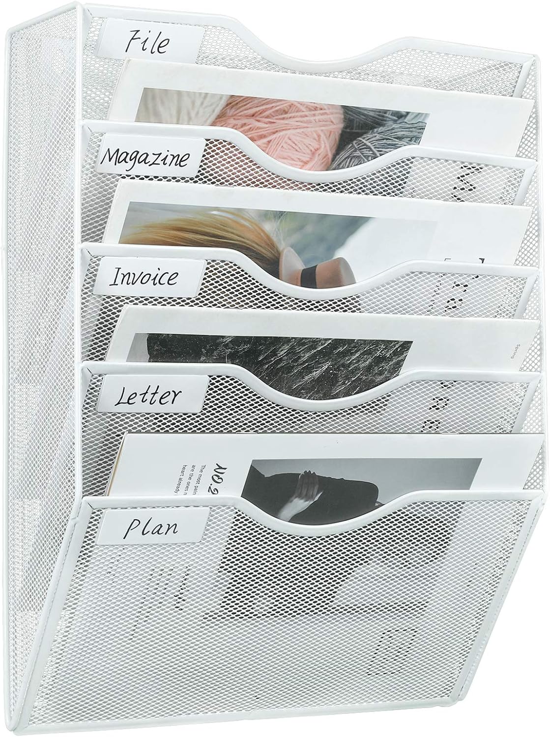 Mass Hanging Wall File Holder Mail Organizer Wall Mount Document Letter Rack, 5-Tier, White