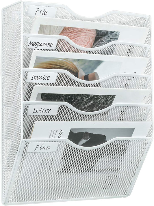 Mass Hanging Wall File Holder Mail Organizer Wall Mount Document Letter Rack, 5-Tier, White