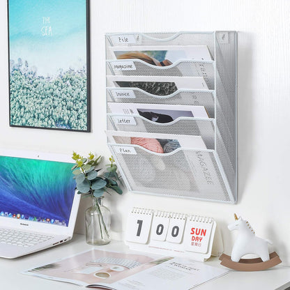 Mass Hanging Wall File Holder Mail Organizer Wall Mount Document Letter Rack, 5-Tier, White