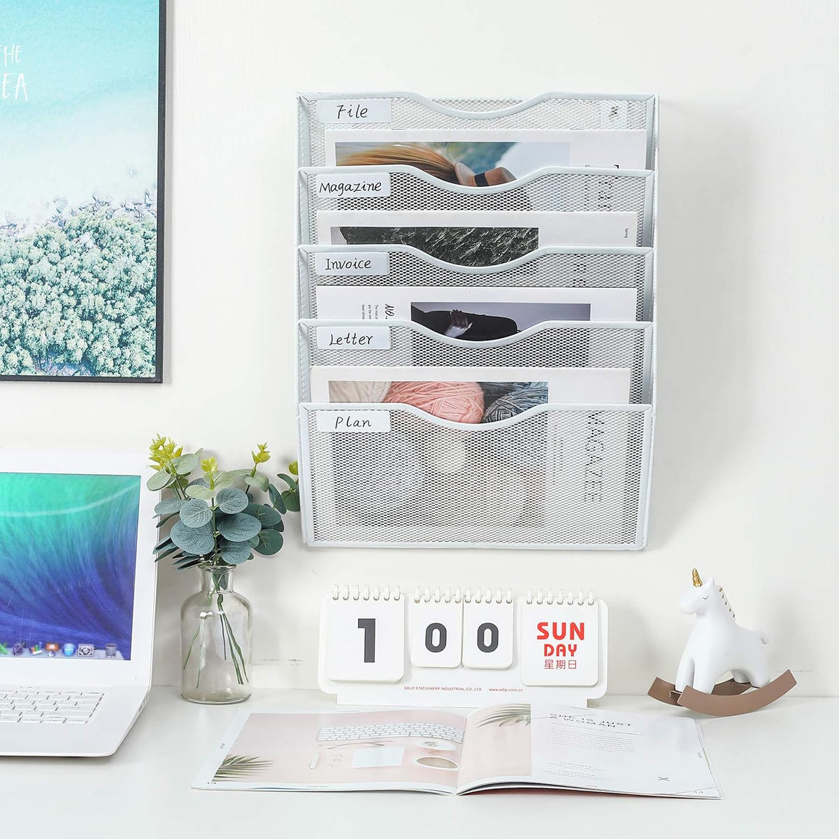 Mass Hanging Wall File Holder Mail Organizer Wall Mount Document Letter Rack, 5-Tier, White