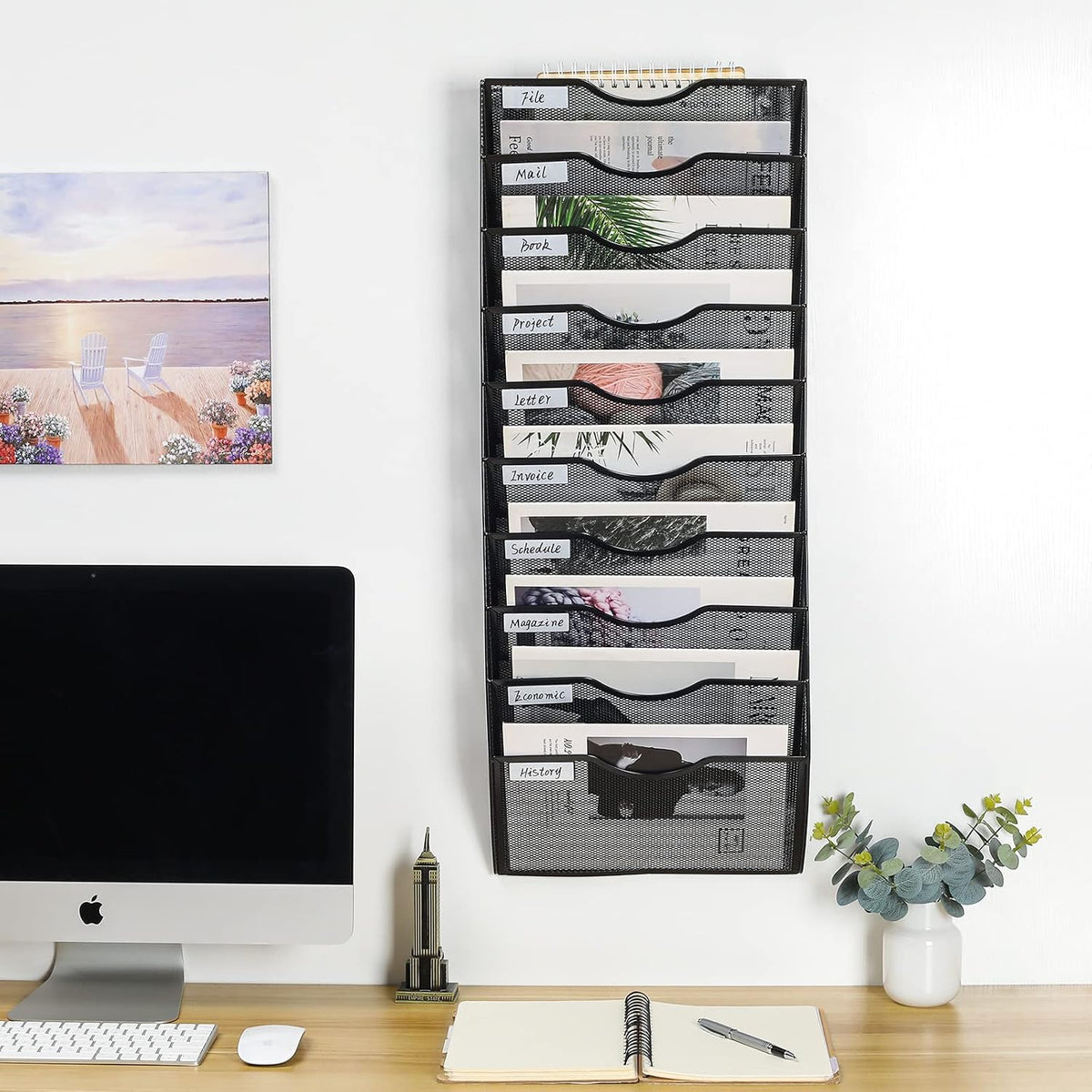 Mass Hanging Wall File Holder Mail Organizer Wall Mount Document Letter Rack, 5-Tier, White