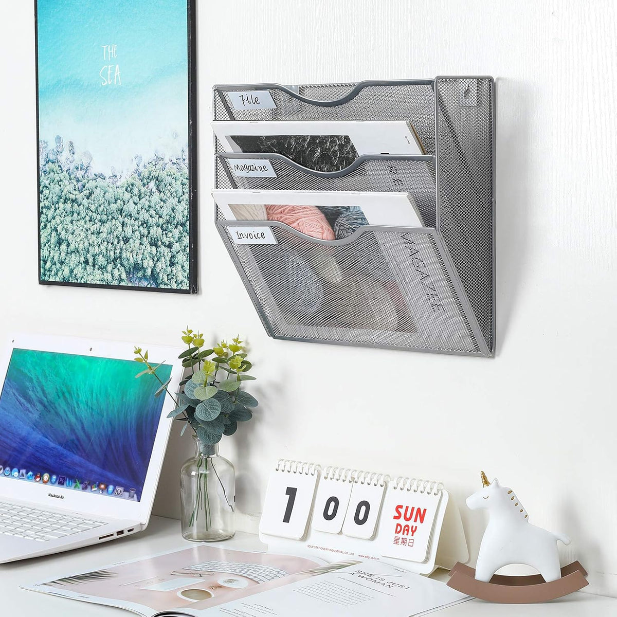 Mass Hanging Wall File Holder Mail Organizer Wall Mount Document Letter Rack, 5-Tier, White