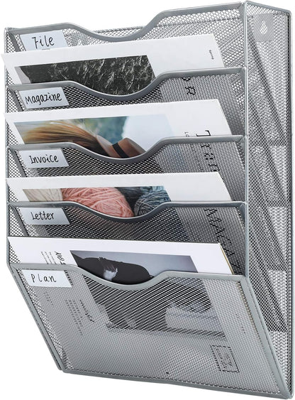 Mass Hanging Wall File Holder Mail Organizer Wall Mount Document Letter Rack, 5-Tier, White