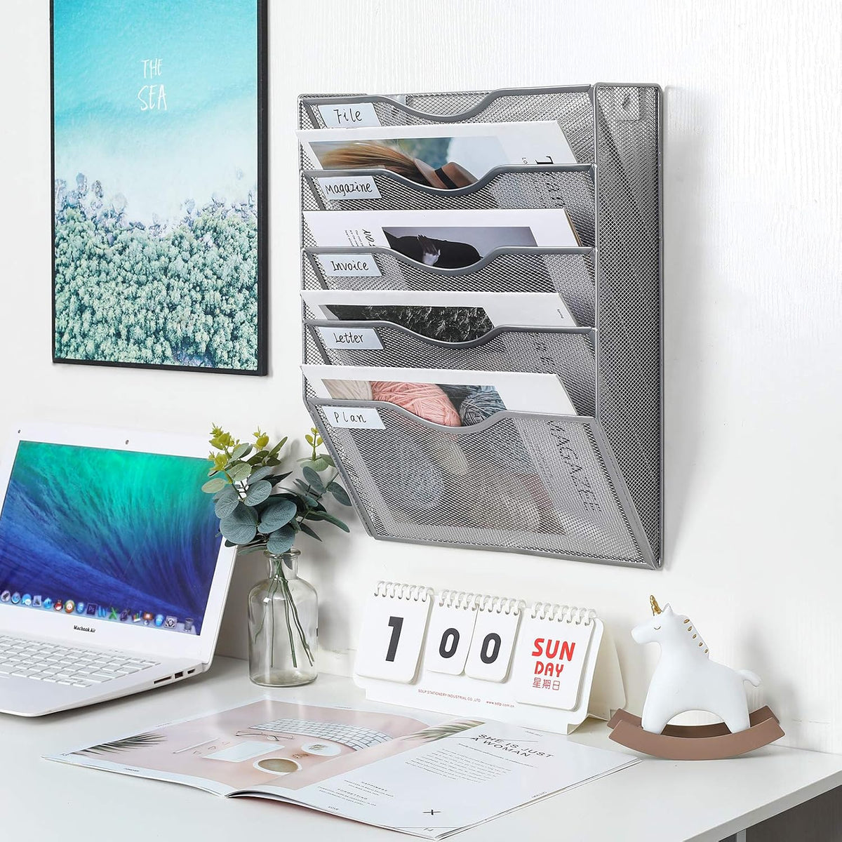 Mass Hanging Wall File Holder Mail Organizer Wall Mount Document Letter Rack, 5-Tier, White