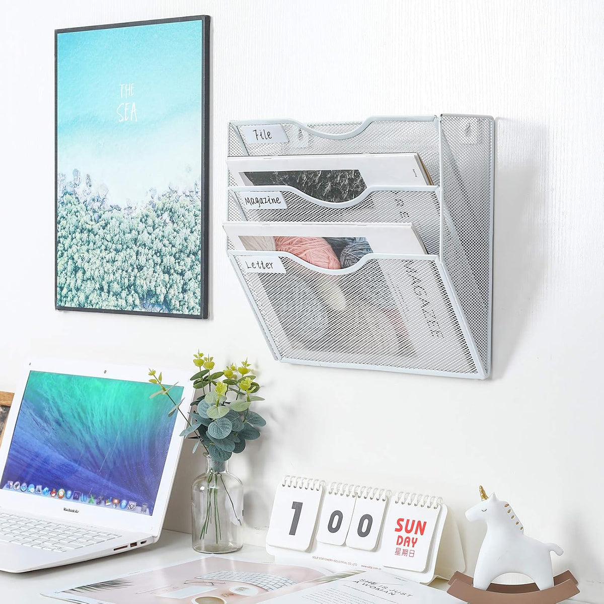 Mass Hanging Wall File Holder Mail Organizer Wall Mount Document Letter Rack, 5-Tier, White