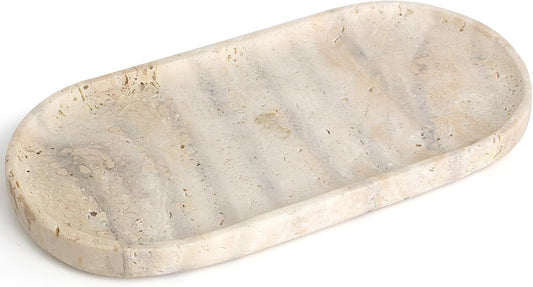 Genuine Real Natural Marble Tray for Bathroom, Luxury Ultra White Travertine Stone Vanity Tray, Decorative Oval Trays for Countertop Storage, Vanity, Dresser, Kitchen, Home Decor, 11.9"*5.8"