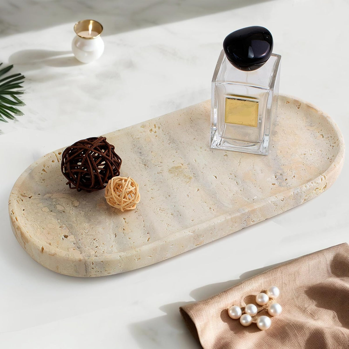 Genuine Real Natural Marble Tray for Bathroom, Luxury Ultra White Travertine Stone Vanity Tray, Decorative Oval Trays for Countertop Storage, Vanity, Dresser, Kitchen, Home Decor, 11.9"*5.8"