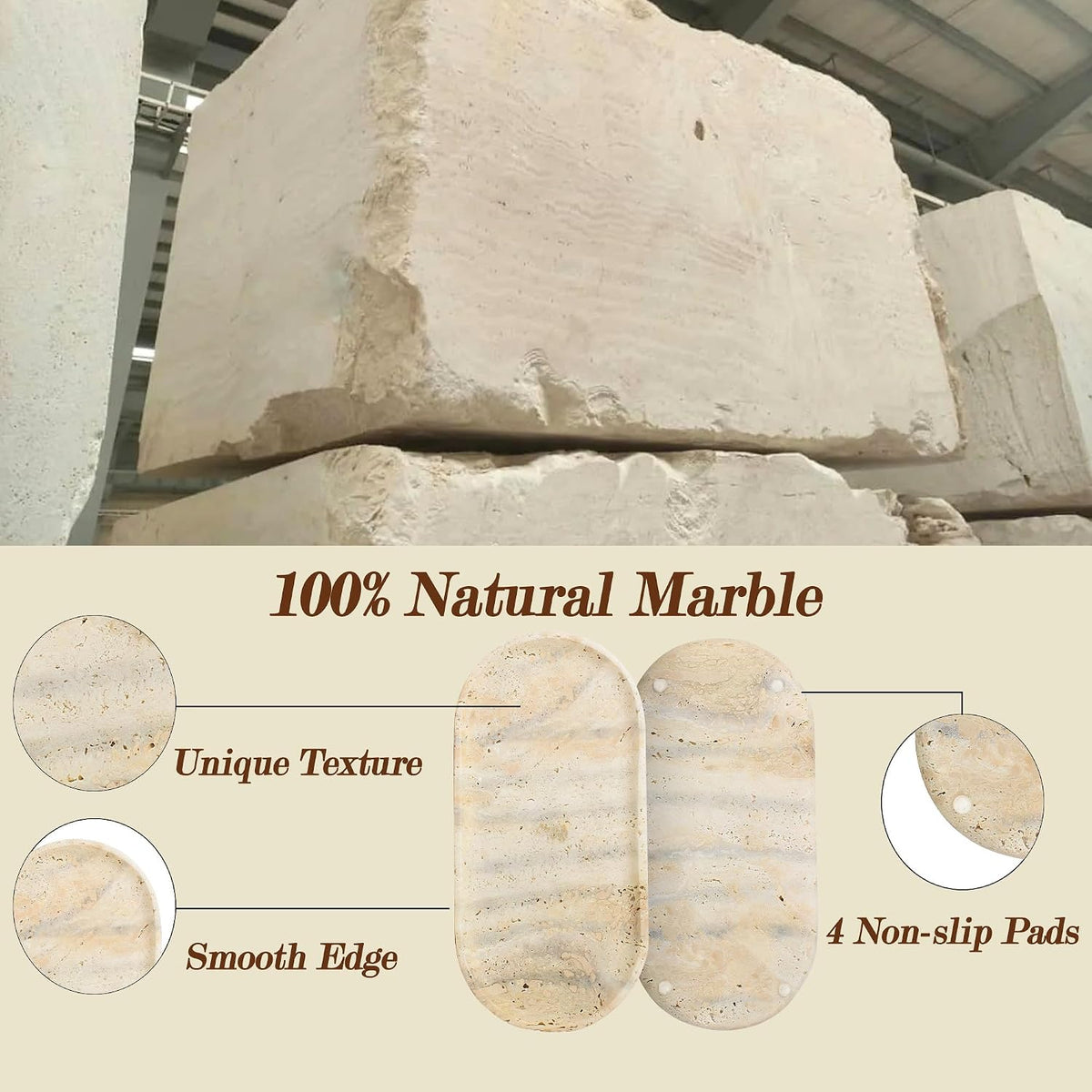 Genuine Real Natural Marble Tray for Bathroom, Luxury Ultra White Travertine Stone Vanity Tray, Decorative Oval Trays for Countertop Storage, Vanity, Dresser, Kitchen, Home Decor, 11.9"*5.8"