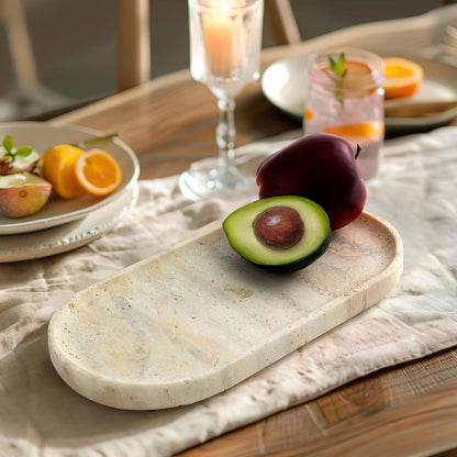 Genuine Real Natural Marble Tray for Bathroom, Luxury Ultra White Travertine Stone Vanity Tray, Decorative Oval Trays for Countertop Storage, Vanity, Dresser, Kitchen, Home Decor, 11.9"*5.8"