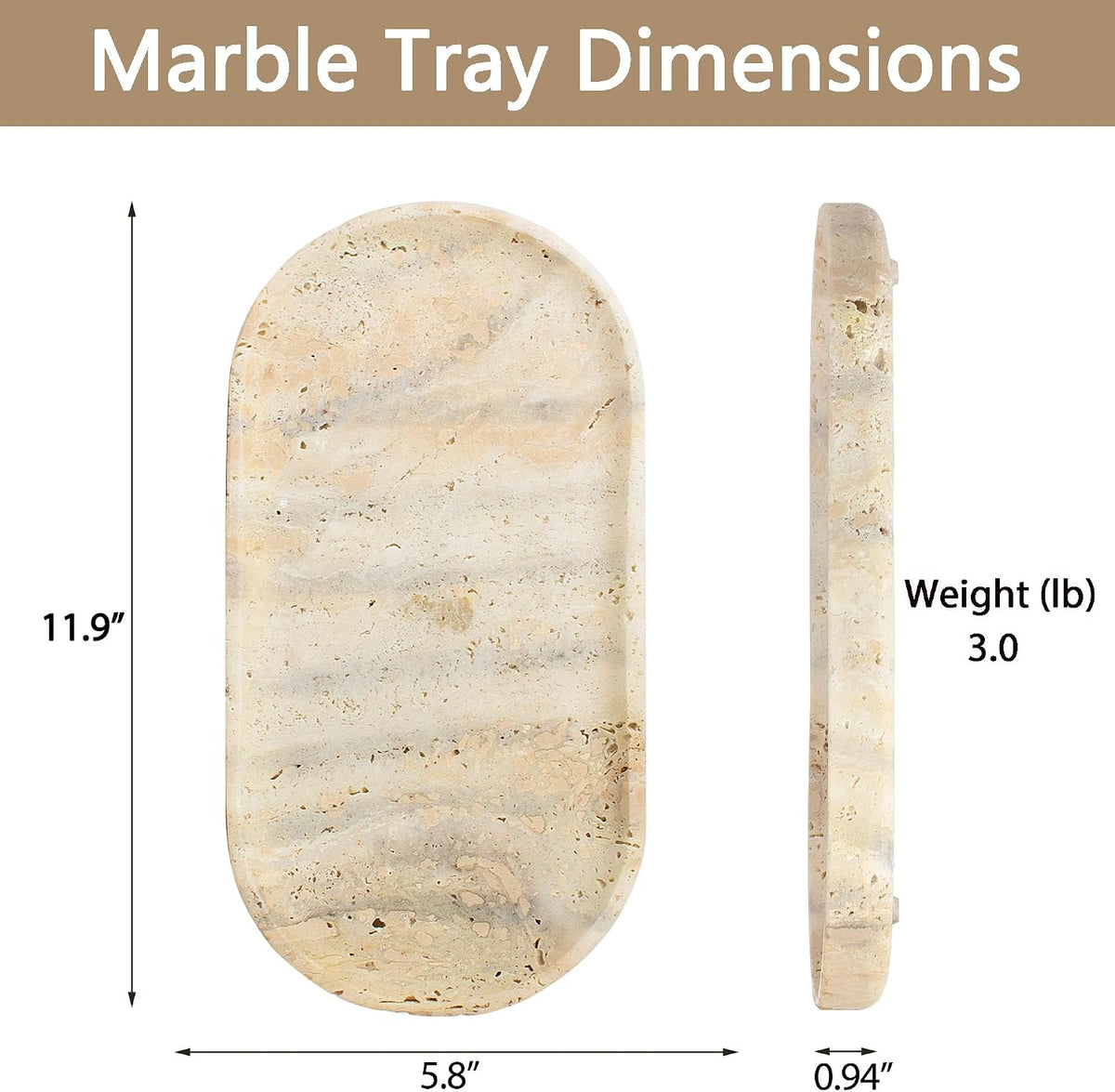 Genuine Real Natural Marble Tray for Bathroom, Luxury Ultra White Travertine Stone Vanity Tray, Decorative Oval Trays for Countertop Storage, Vanity, Dresser, Kitchen, Home Decor, 11.9"*5.8"