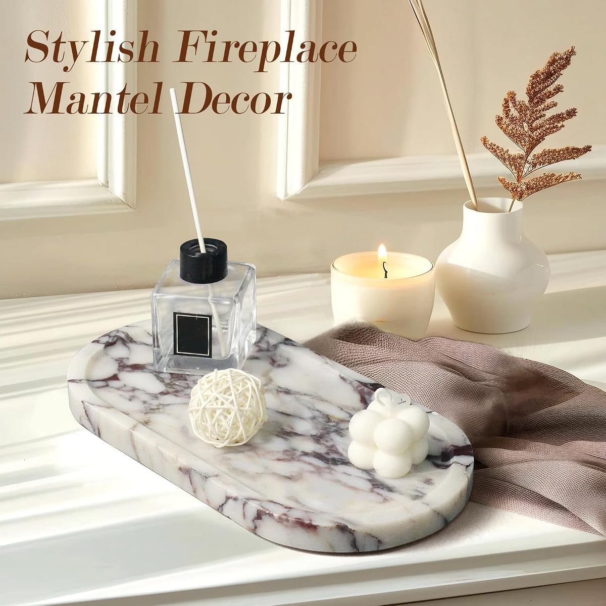 Genuine Real Natural Marble Tray for Bathroom, Luxury Ultra White Travertine Stone Vanity Tray, Decorative Oval Trays for Countertop Storage, Vanity, Dresser, Kitchen, Home Decor, 11.9"*5.8"