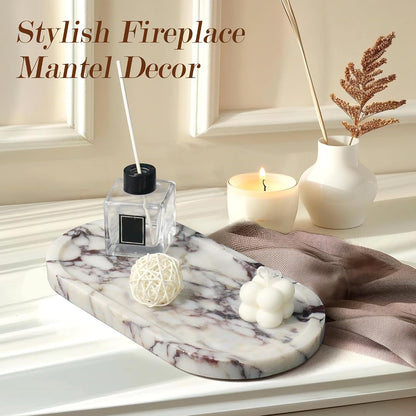 Genuine Real Natural Marble Tray for Bathroom, Luxury Ultra White Travertine Stone Vanity Tray, Decorative Oval Trays for Countertop Storage, Vanity, Dresser, Kitchen, Home Decor, 11.9"*5.8"