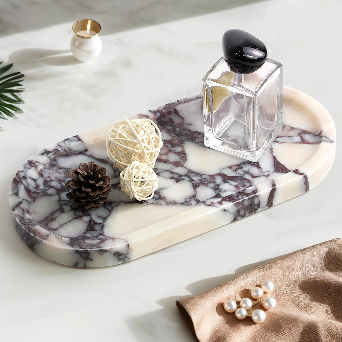 Genuine Real Natural Marble Tray for Bathroom, Luxury Ultra White Travertine Stone Vanity Tray, Decorative Oval Trays for Countertop Storage, Vanity, Dresser, Kitchen, Home Decor, 11.9"*5.8"