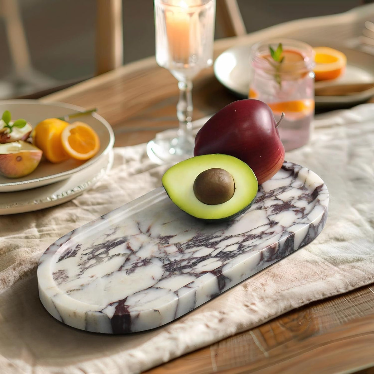 Genuine Real Natural Marble Tray for Bathroom, Luxury Ultra White Travertine Stone Vanity Tray, Decorative Oval Trays for Countertop Storage, Vanity, Dresser, Kitchen, Home Decor, 11.9"*5.8"