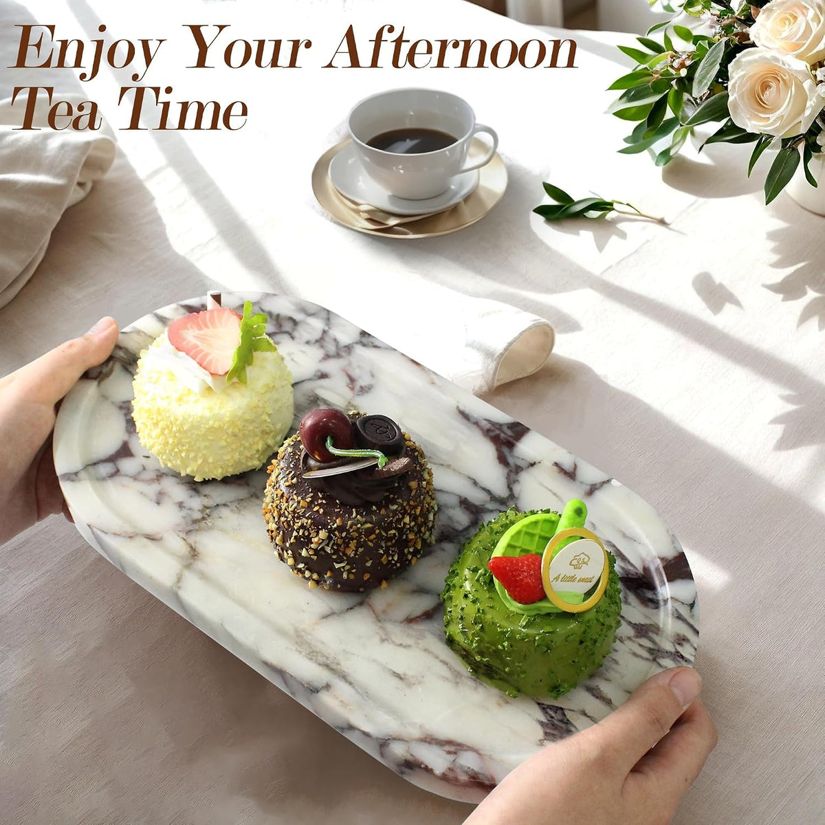 Genuine Real Natural Marble Tray for Bathroom, Luxury Ultra White Travertine Stone Vanity Tray, Decorative Oval Trays for Countertop Storage, Vanity, Dresser, Kitchen, Home Decor, 11.9"*5.8"