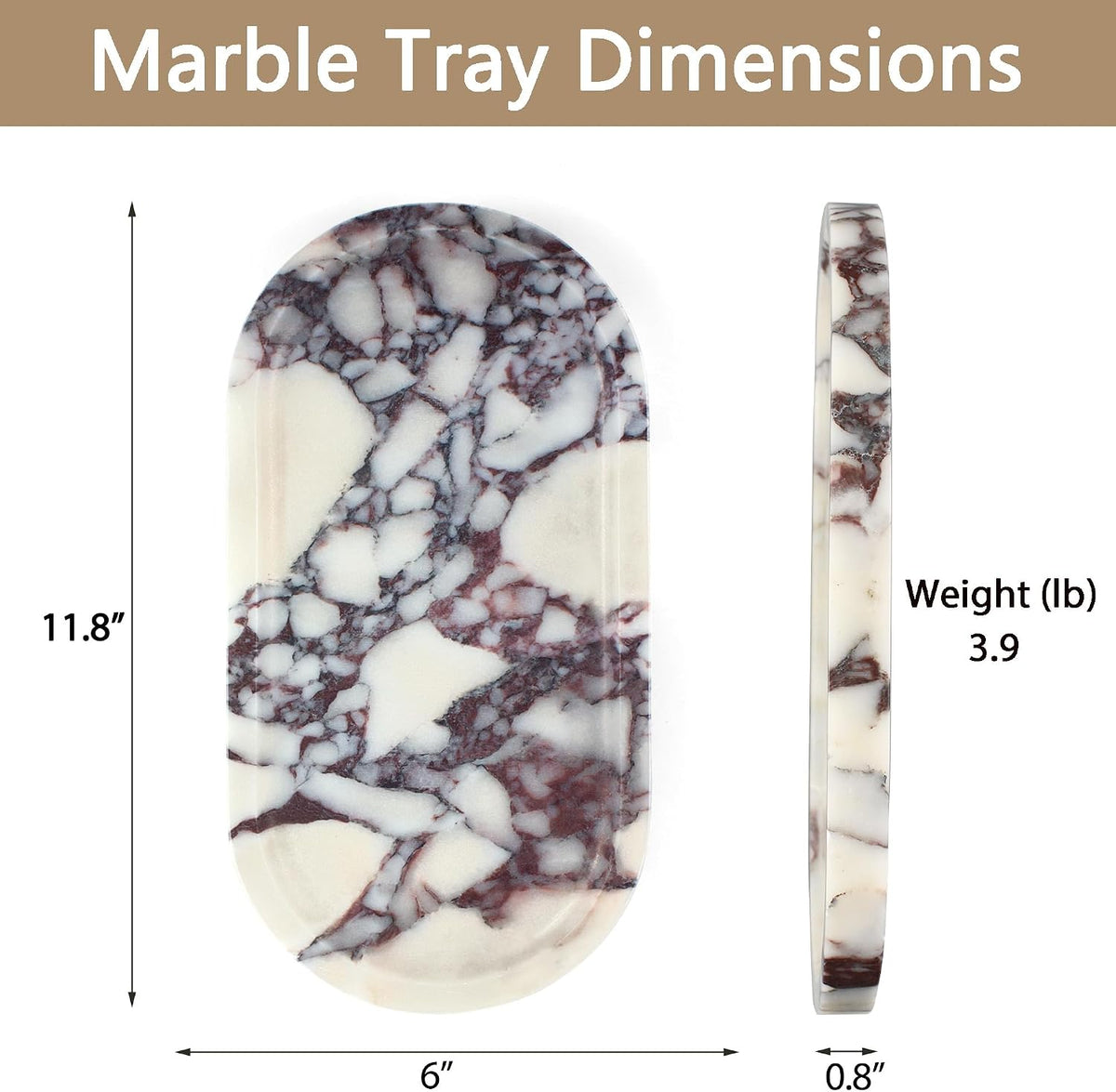 Genuine Real Natural Marble Tray for Bathroom, Luxury Ultra White Travertine Stone Vanity Tray, Decorative Oval Trays for Countertop Storage, Vanity, Dresser, Kitchen, Home Decor, 11.9"*5.8"