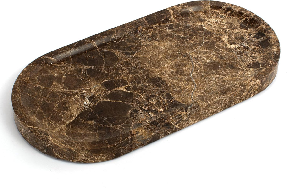 Genuine Real Natural Marble Tray for Bathroom, Luxury Ultra White Travertine Stone Vanity Tray, Decorative Oval Trays for Countertop Storage, Vanity, Dresser, Kitchen, Home Decor, 11.9"*5.8"