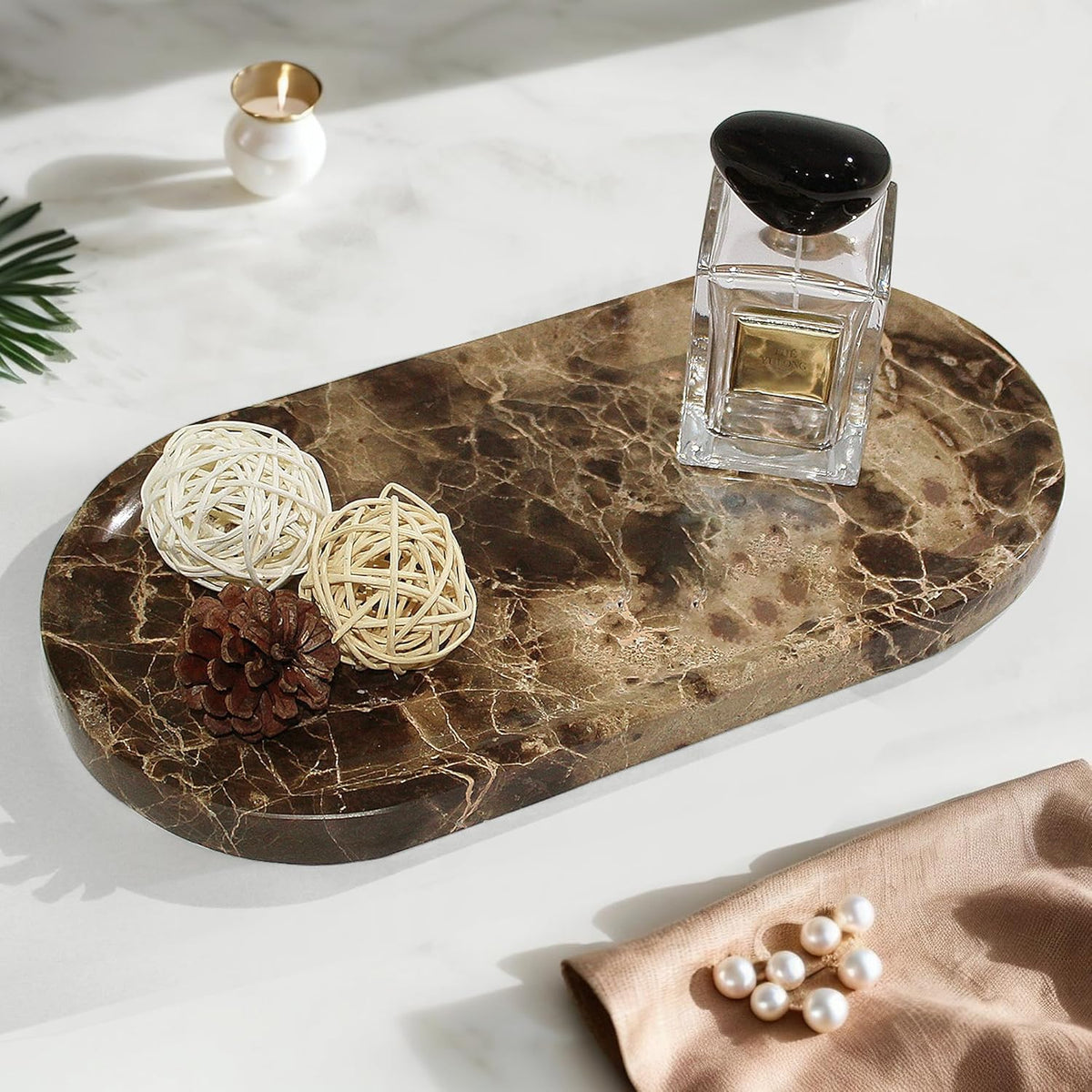 Genuine Real Natural Marble Tray for Bathroom, Luxury Ultra White Travertine Stone Vanity Tray, Decorative Oval Trays for Countertop Storage, Vanity, Dresser, Kitchen, Home Decor, 11.9"*5.8"