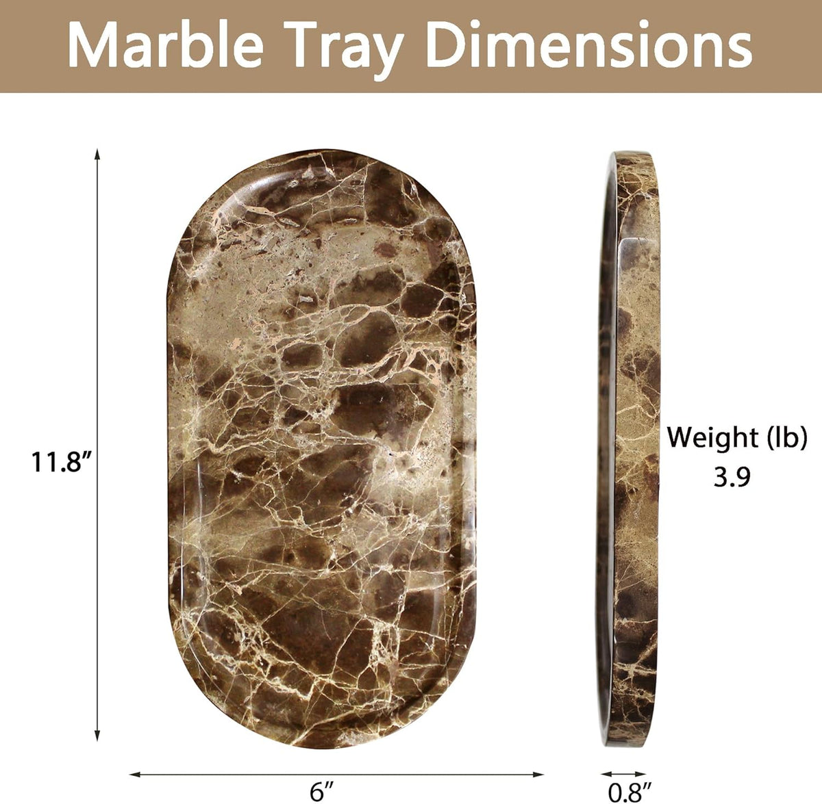 Genuine Real Natural Marble Tray for Bathroom, Luxury Ultra White Travertine Stone Vanity Tray, Decorative Oval Trays for Countertop Storage, Vanity, Dresser, Kitchen, Home Decor, 11.9"*5.8"