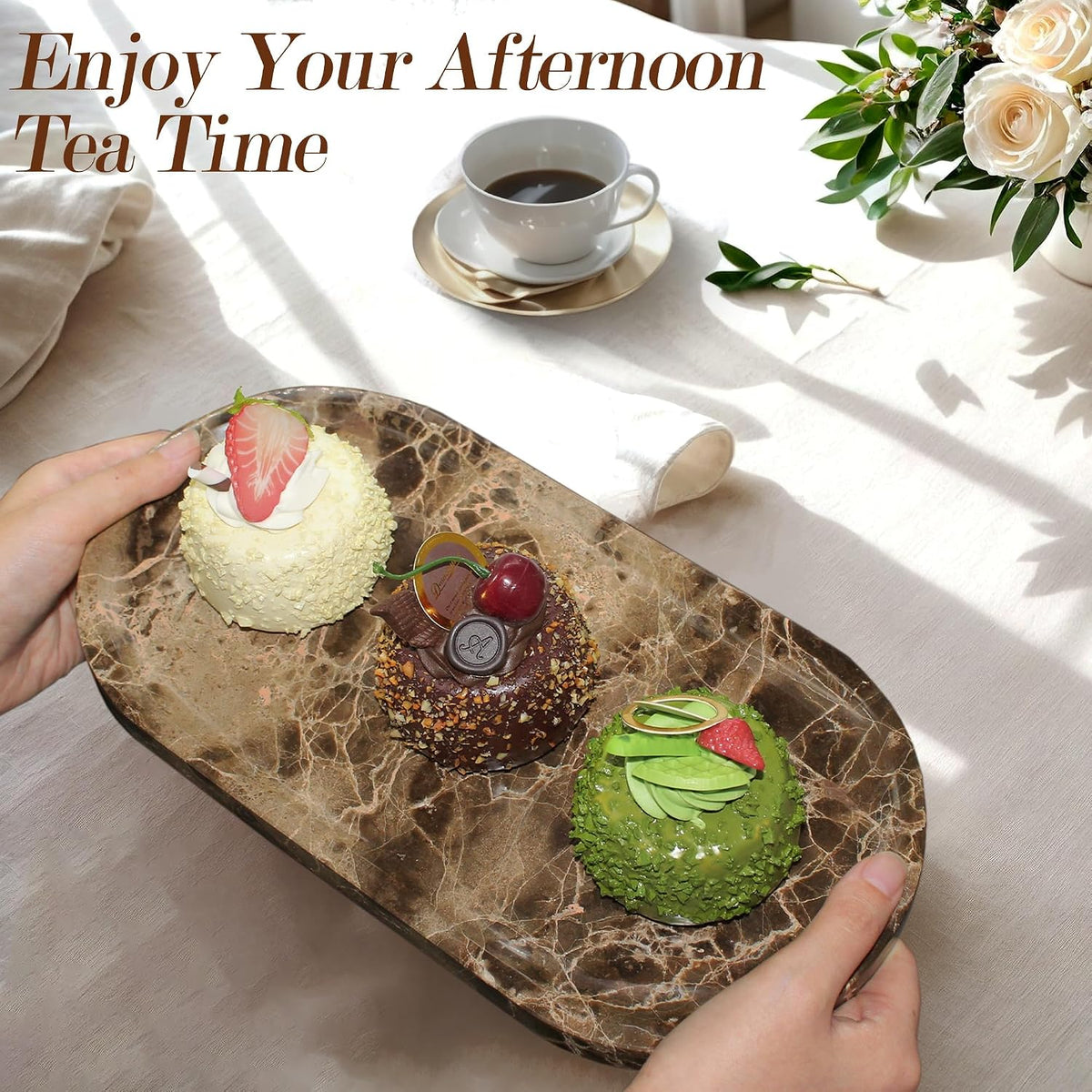 Genuine Real Natural Marble Tray for Bathroom, Luxury Ultra White Travertine Stone Vanity Tray, Decorative Oval Trays for Countertop Storage, Vanity, Dresser, Kitchen, Home Decor, 11.9"*5.8"