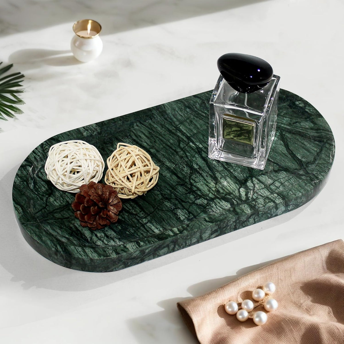 Genuine Real Natural Marble Tray for Bathroom, Luxury Ultra White Travertine Stone Vanity Tray, Decorative Oval Trays for Countertop Storage, Vanity, Dresser, Kitchen, Home Decor, 11.9"*5.8"