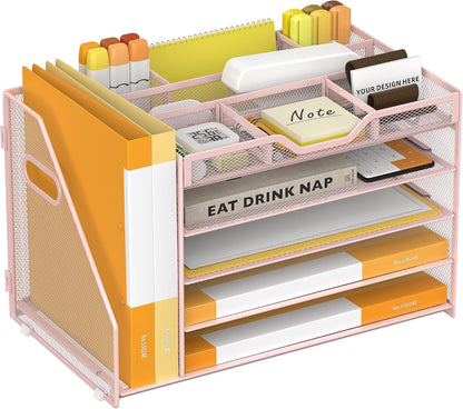5 Tier Paper Letter Tray Desk Organizer with Pen Holders - Pink