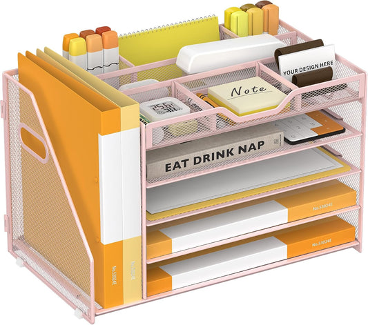 5 Tier Paper Letter Tray Desk Organizer with Pen Holders - Pink