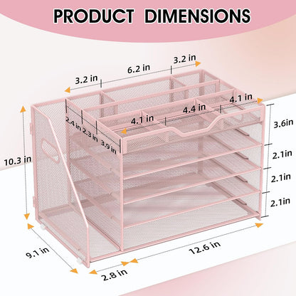 5 Tier Paper Letter Tray Desk Organizer with Pen Holders - Pink