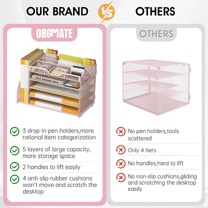 5 Tier Paper Letter Tray Desk Organizer with Pen Holders - Pink