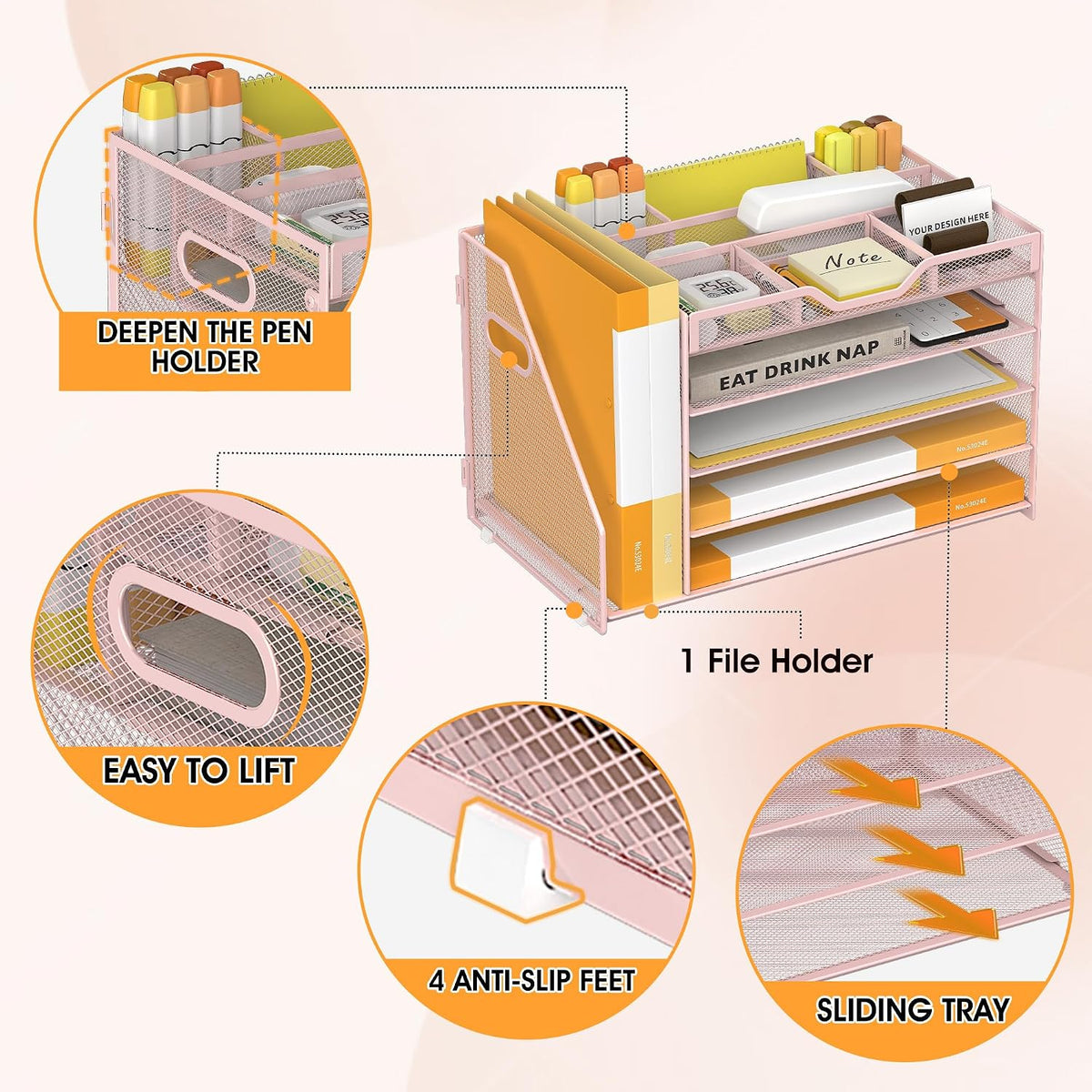 5 Tier Paper Letter Tray Desk Organizer with Pen Holders - Pink