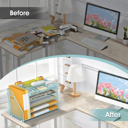 5 Tier Paper Letter Tray Desk Organizer with Pen Holders - Pink