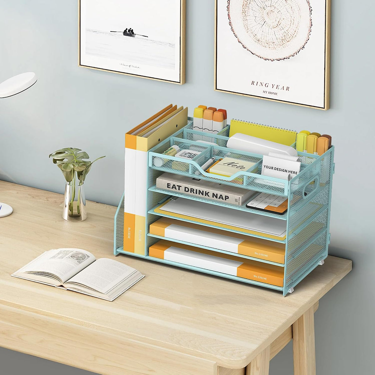 5 Tier Paper Letter Tray Desk Organizer with Pen Holders - Pink