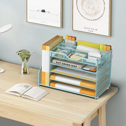 5 Tier Paper Letter Tray Desk Organizer with Pen Holders - Pink