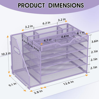5 Tier Paper Letter Tray Desk Organizer with Pen Holders - Pink