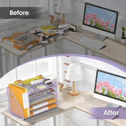 5 Tier Paper Letter Tray Desk Organizer with Pen Holders - Pink