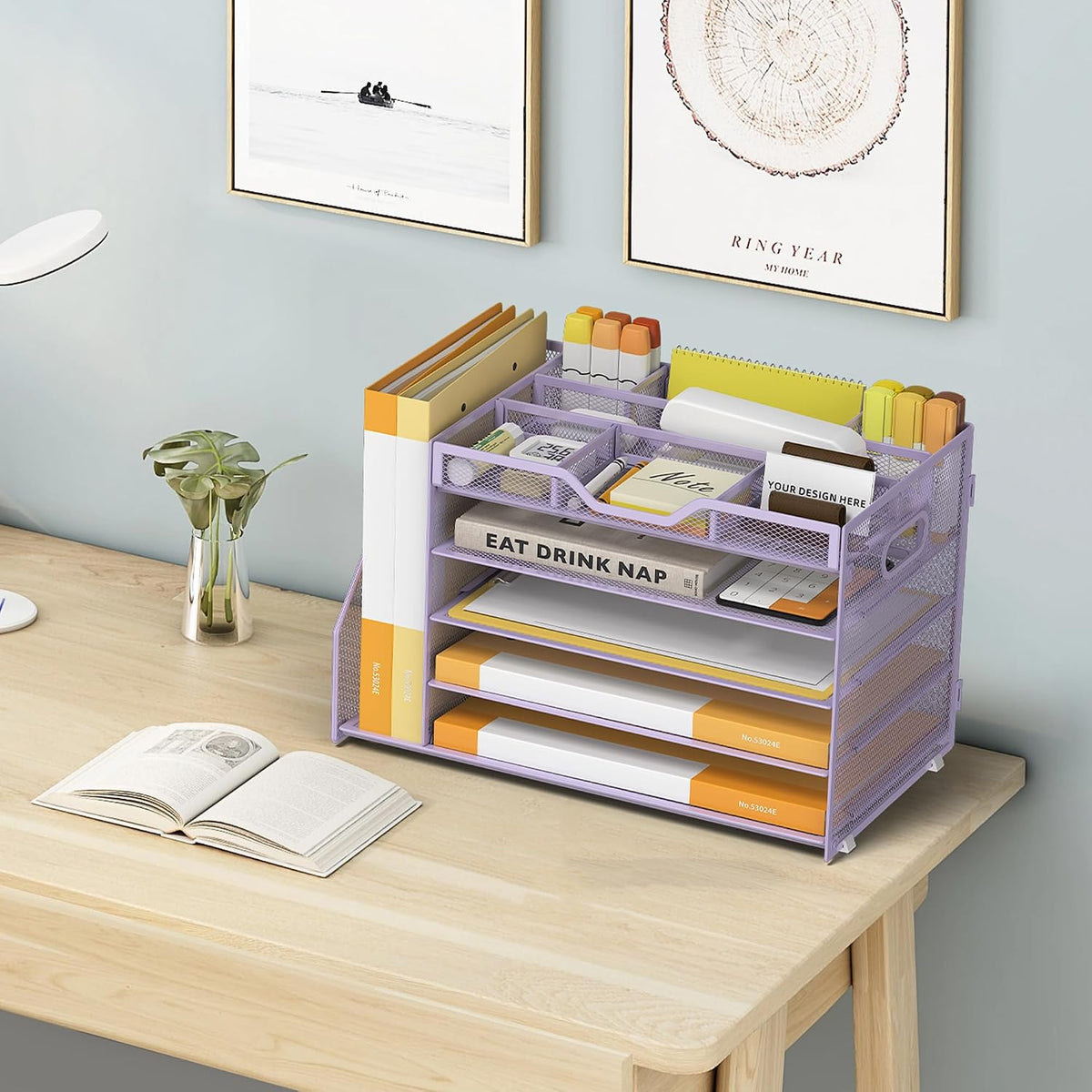 5 Tier Paper Letter Tray Desk Organizer with Pen Holders - Pink
