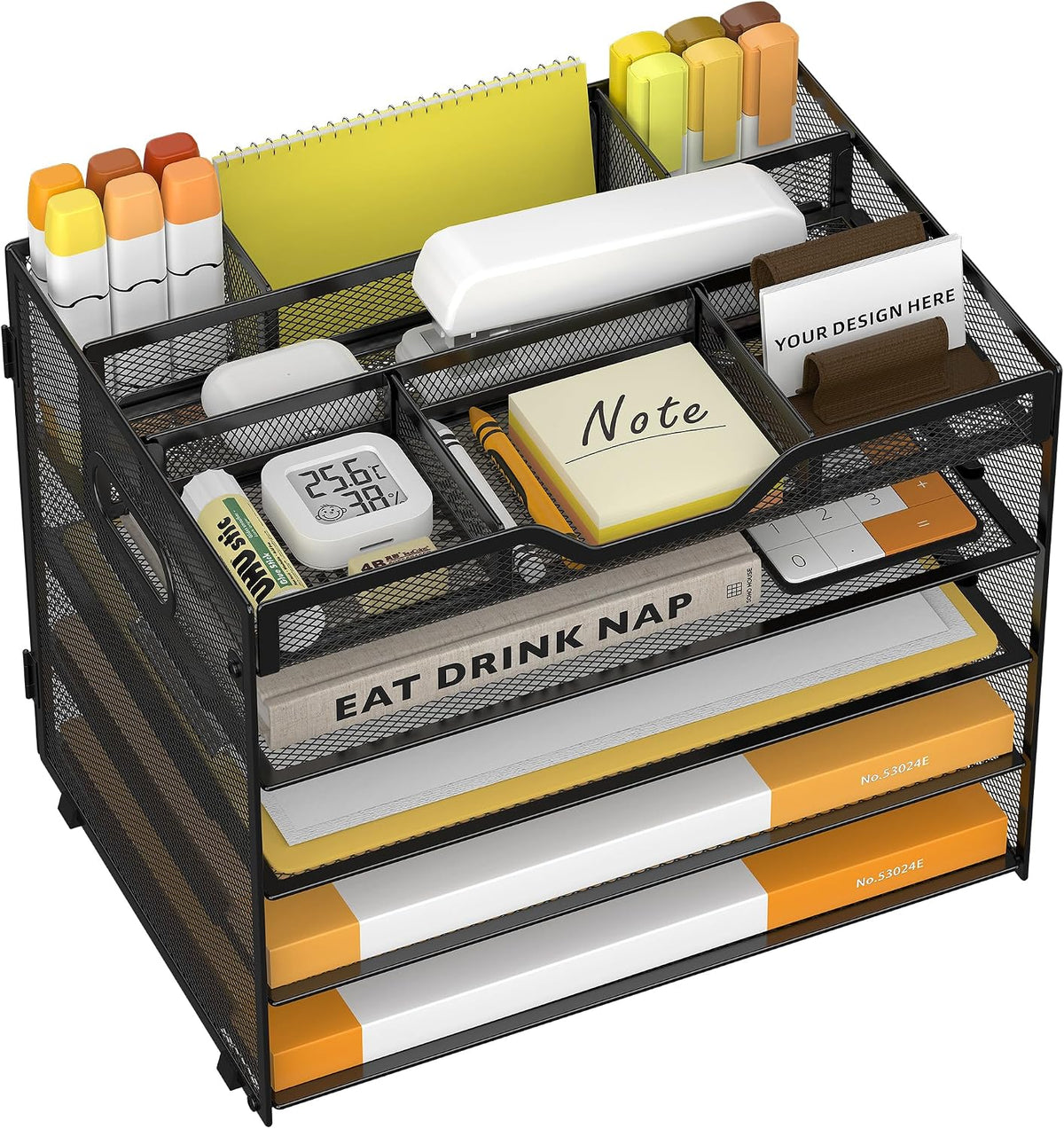 5 Tier Paper Letter Tray Desk Organizer with Pen Holders - Pink