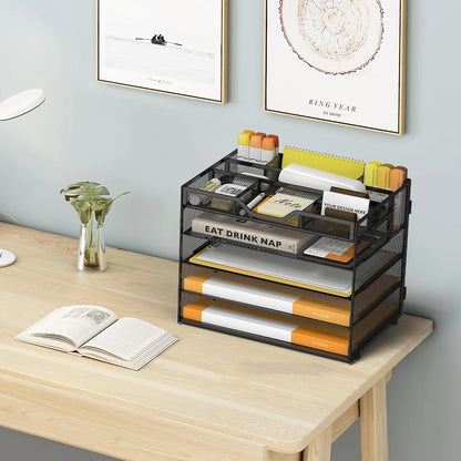 5 Tier Paper Letter Tray Desk Organizer with Pen Holders - Pink