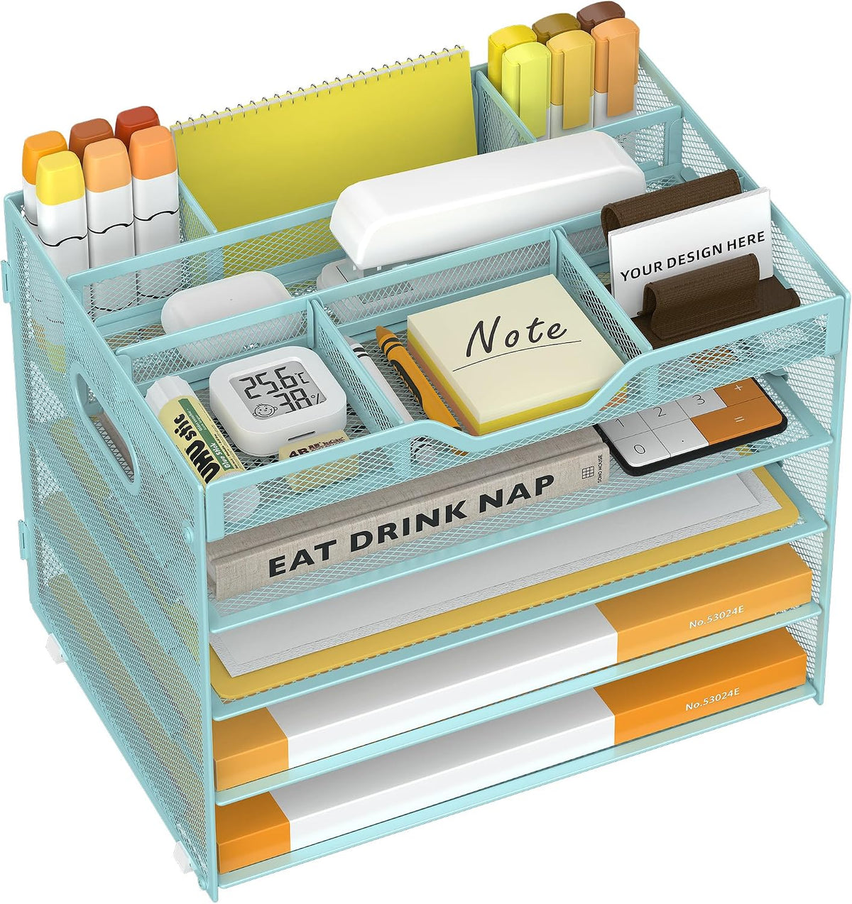 5 Tier Paper Letter Tray Desk Organizer with Pen Holders - Pink