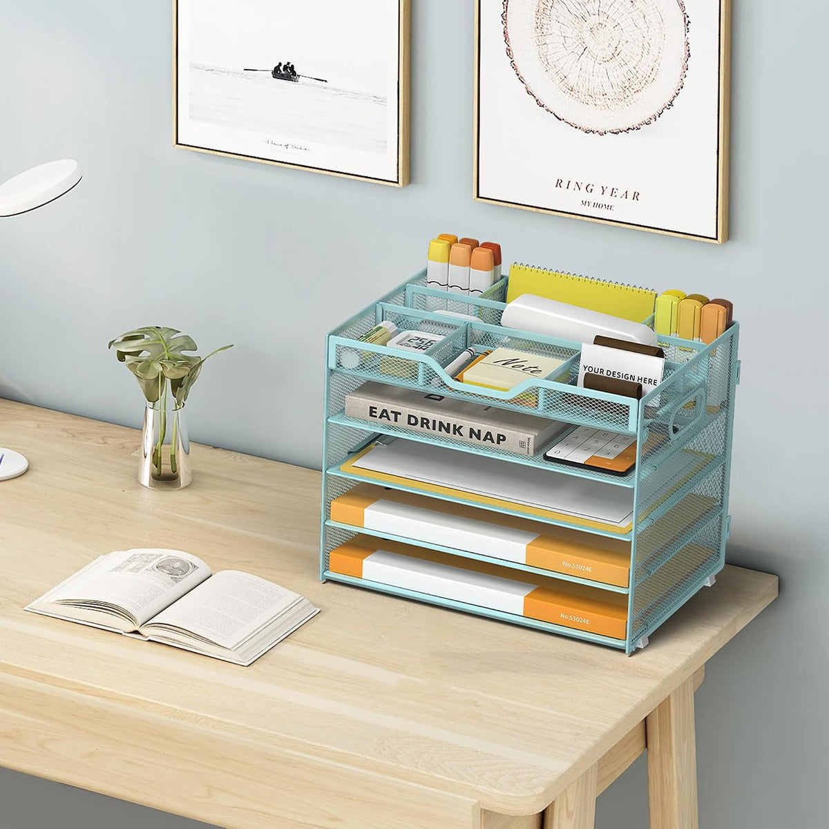 5 Tier Paper Letter Tray Desk Organizer with Pen Holders - Pink