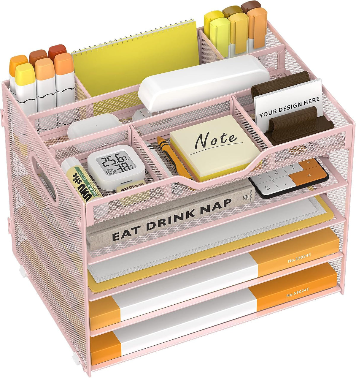 5 Tier Paper Letter Tray Desk Organizer with Pen Holders - Pink