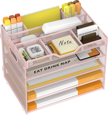 5 Tier Paper Letter Tray Desk Organizer with Pen Holders - Pink