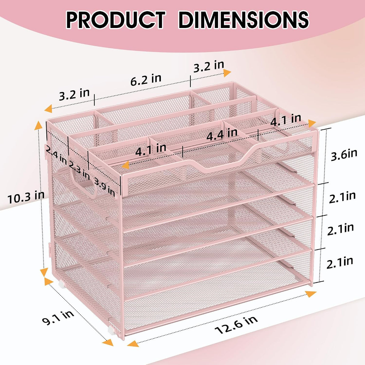 5 Tier Paper Letter Tray Desk Organizer with Pen Holders - Pink