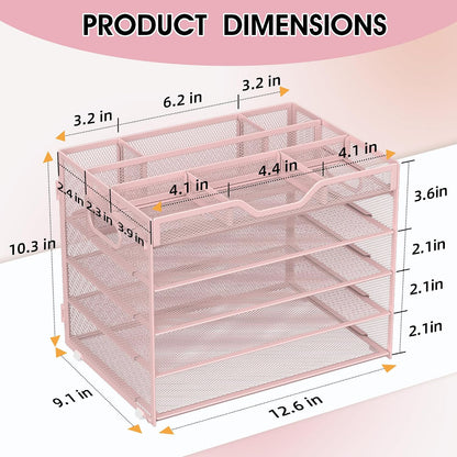 5 Tier Paper Letter Tray Desk Organizer with Pen Holders - Pink