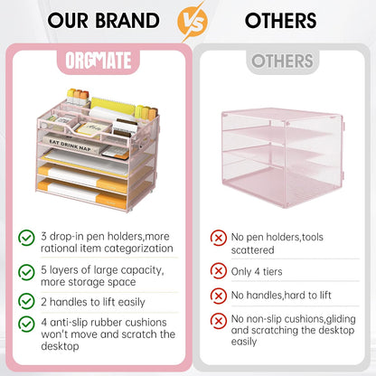 5 Tier Paper Letter Tray Desk Organizer with Pen Holders - Pink