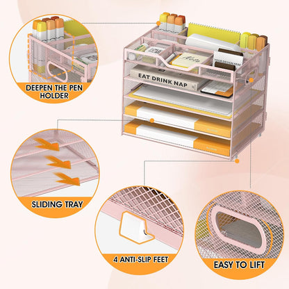 5 Tier Paper Letter Tray Desk Organizer with Pen Holders - Pink