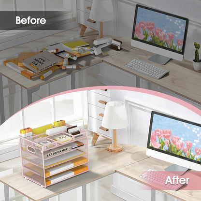 5 Tier Paper Letter Tray Desk Organizer with Pen Holders - Pink